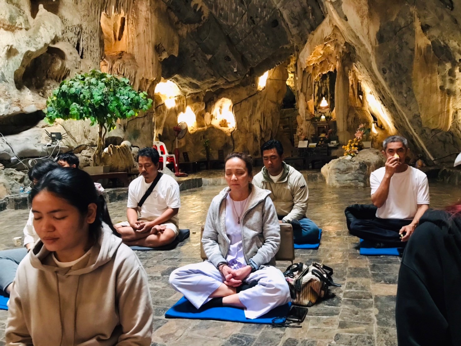 บรรยากาศการนั่งสมาธิหมู่ภายในถ้ำ มีต้นไม้และแสงไฟส่องผนังถ้ำ